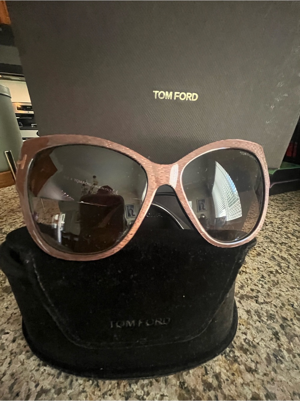 Tom Ford Oversized Sunglasses in Brown Wood-Effect Frame with Dark Lenses